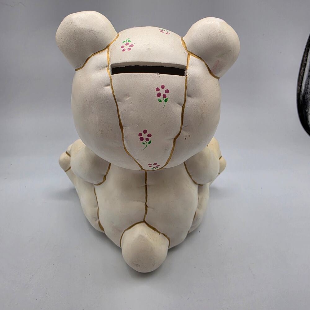 Vintage 1987 Lefton Teddy Bear Coin Bank Pink Floral Nursery Decor 6 Inch Flawed - Picture 2 of 14